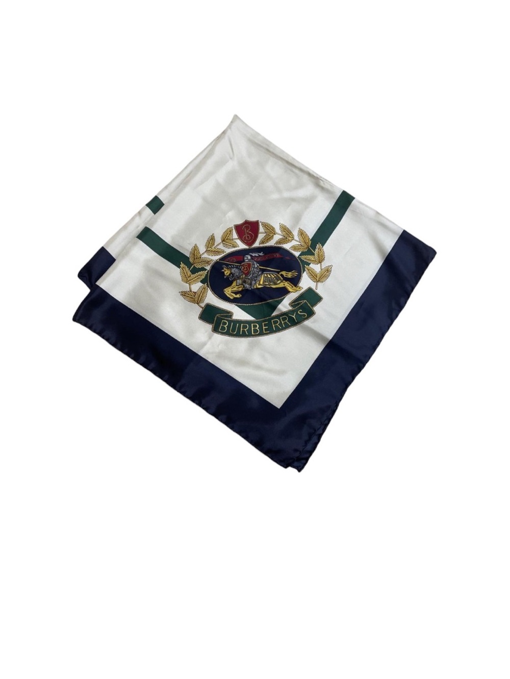 Vintage Burberry White, Navy and Green Crest Silk Scarf